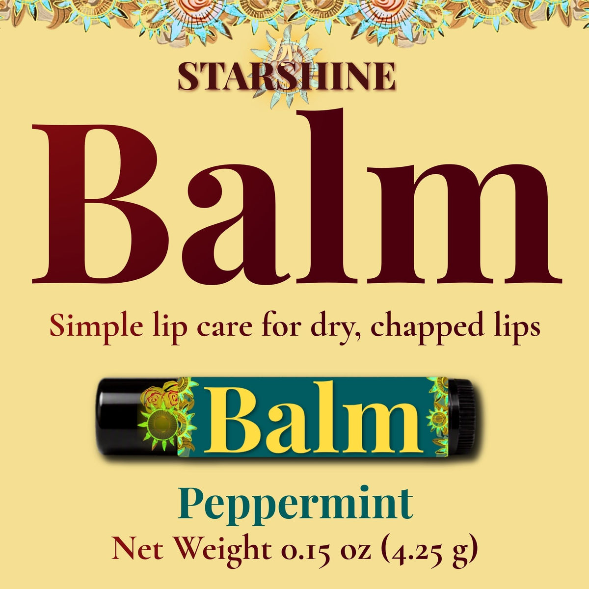 ByStarshine Balm Peppermint lip balm packaging graphic on a pale yellow background, showing the product tube and text including 'byStarshine Balm' and 'Peppermint'.