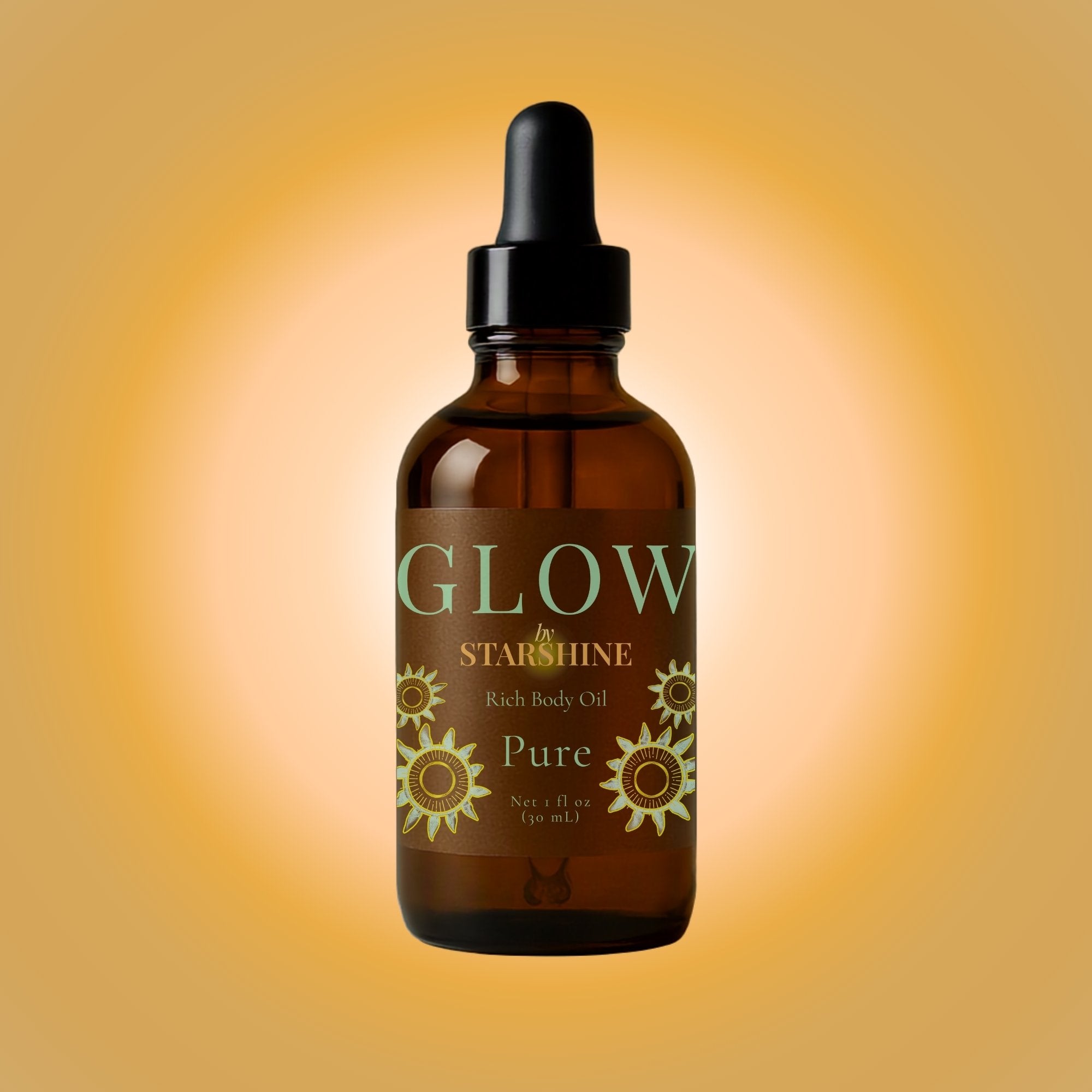 Brown glass bottle with dropper labeled 'GLOW by Starshine' on a gradient orange background