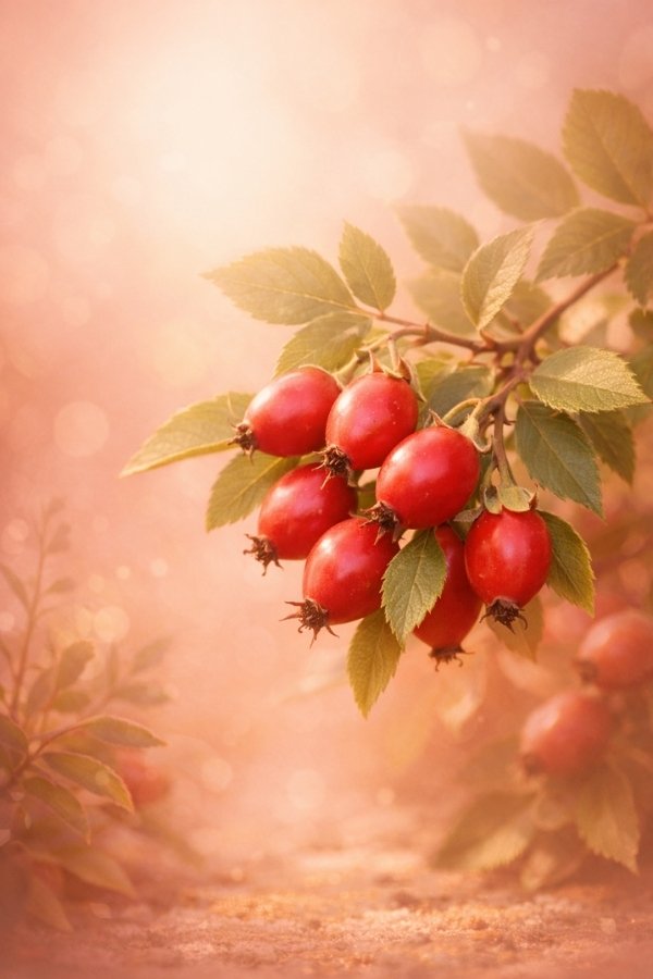 Branch of red rosehip berries with green leaves on a soft focus background