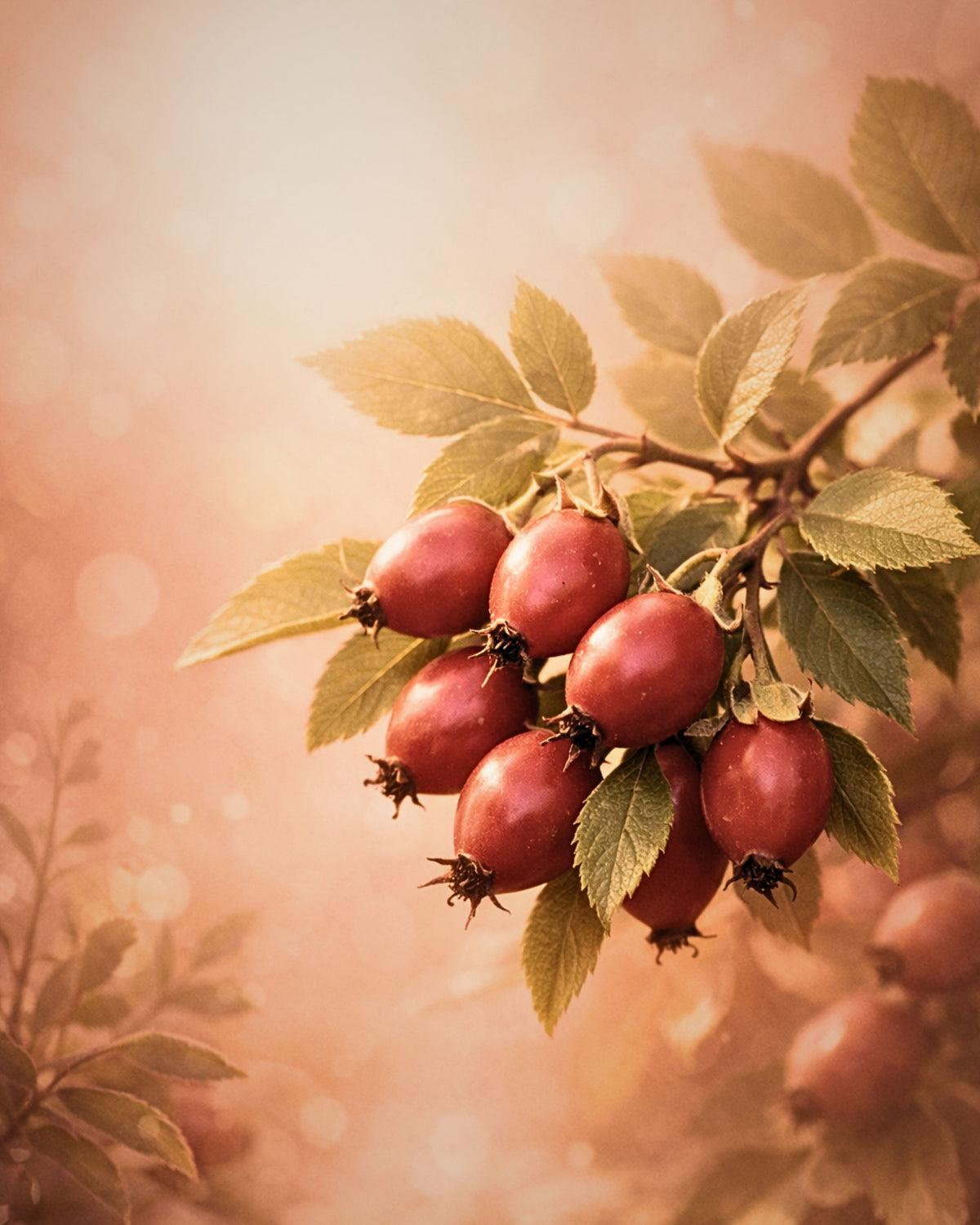 A cluster of ripe red rose hips on a branch with green leaves, set against a warm, soft-focus peach and gold bokeh background. bystarshine