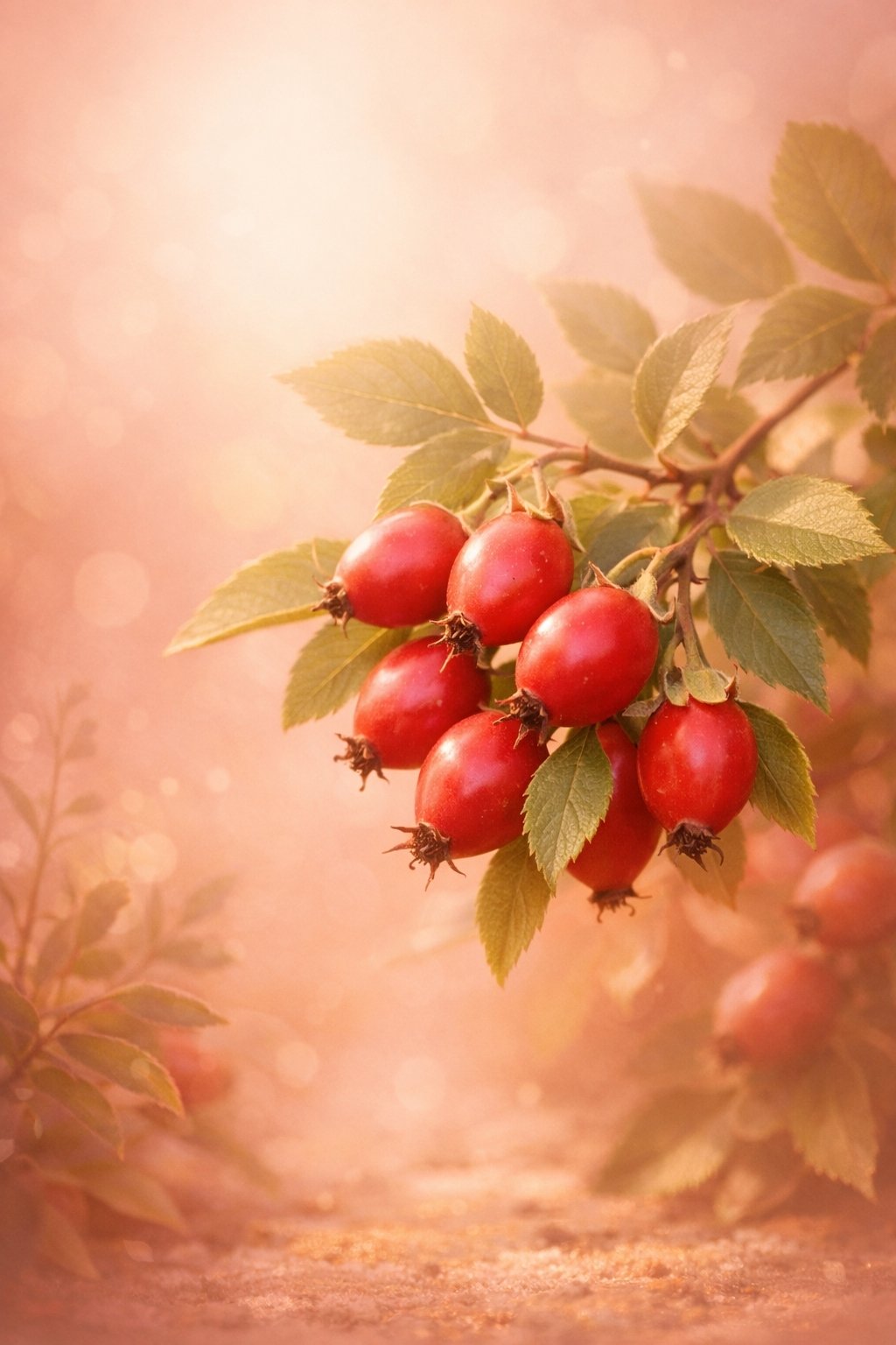 Branch of red berries with green leaves on a soft focus background