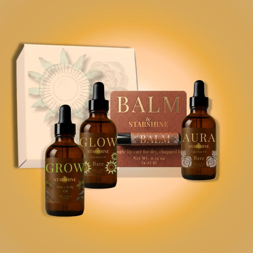 Set of skincare products including bottles labeled 'Glow', 'Balm', and 'Aura' with a box in the background on a gradient yellow background.