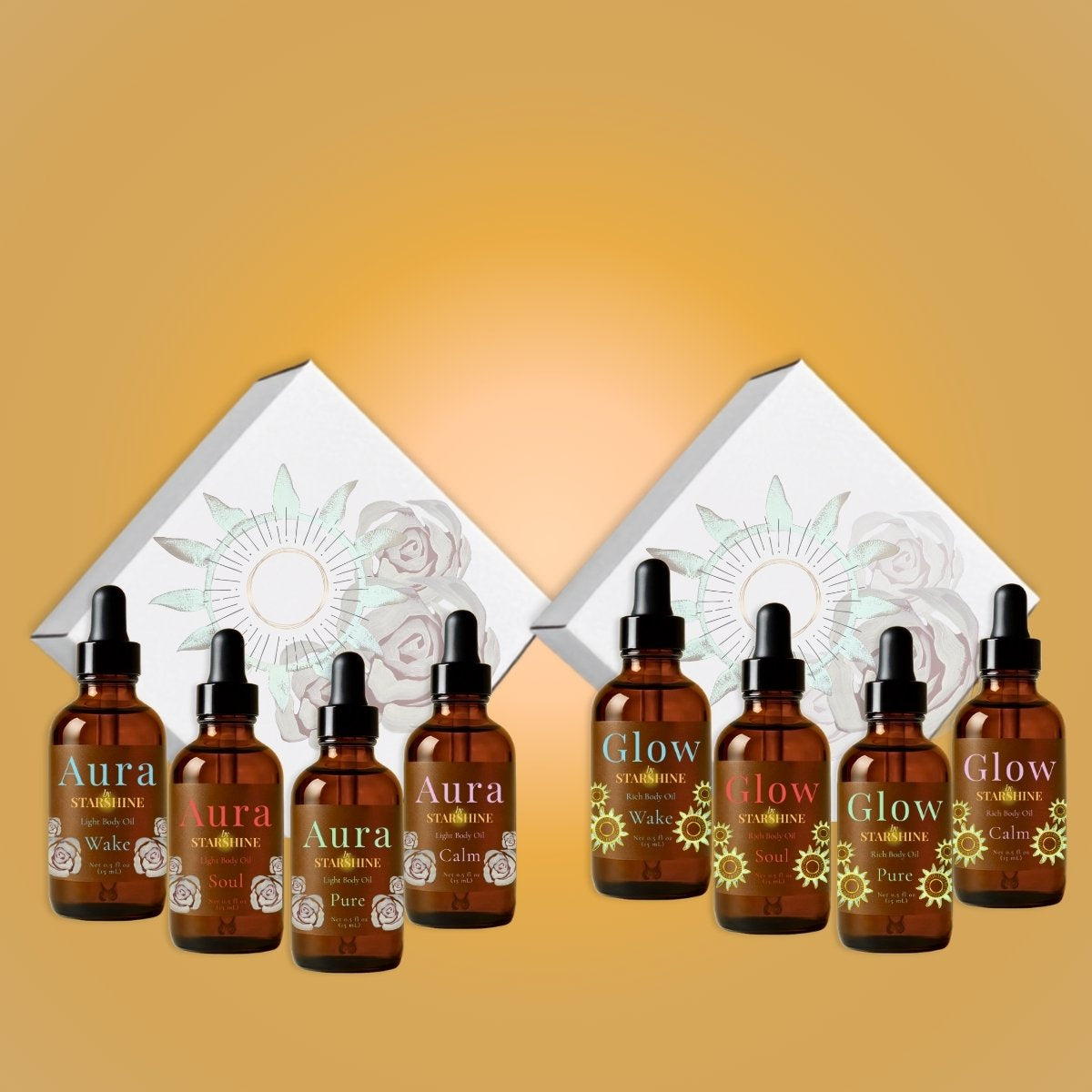 a cream background with two boxes and four bottles in front of each box. 4 bottles says "glow" and 4 say "aura" each scented lavender, peppermint + eucalyptus, tea tree, and frankincense