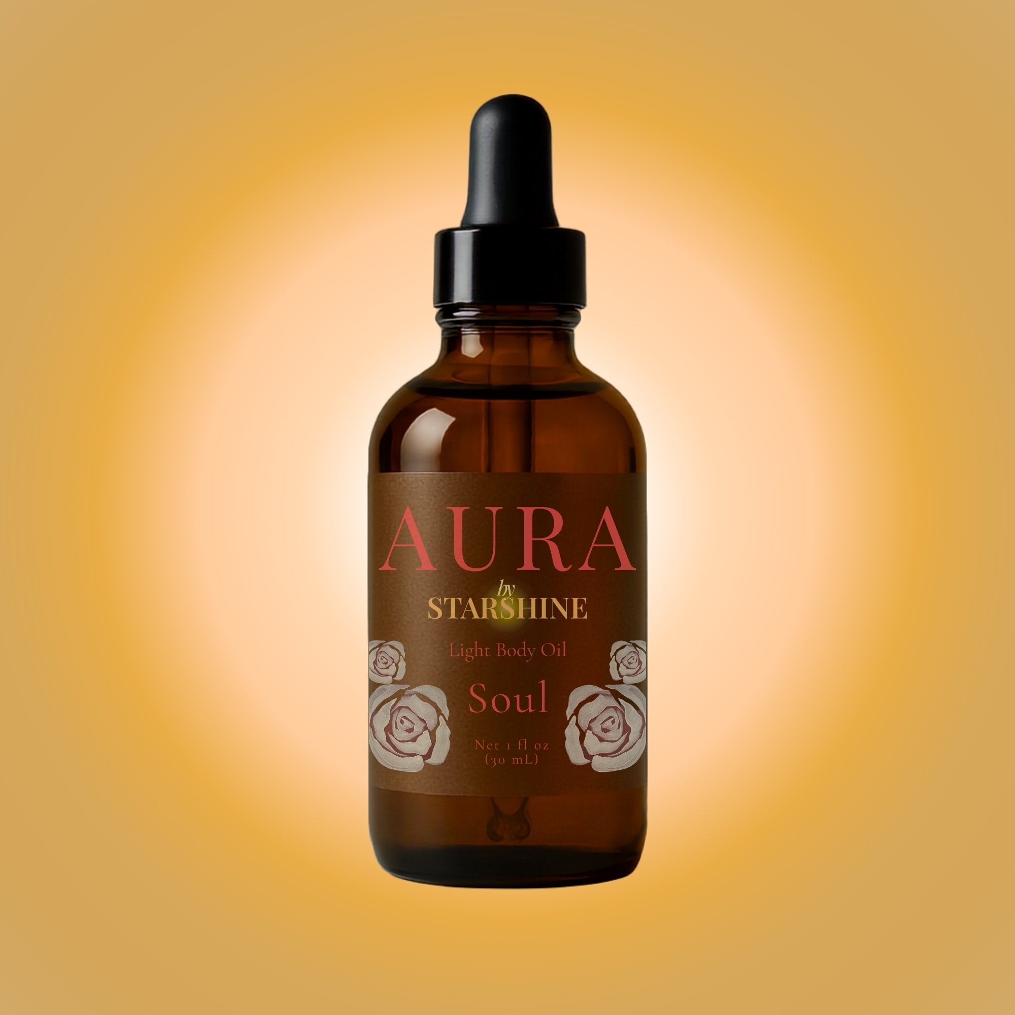 Brown bottle of Aura by Starshine Calm body oil on a gradient background