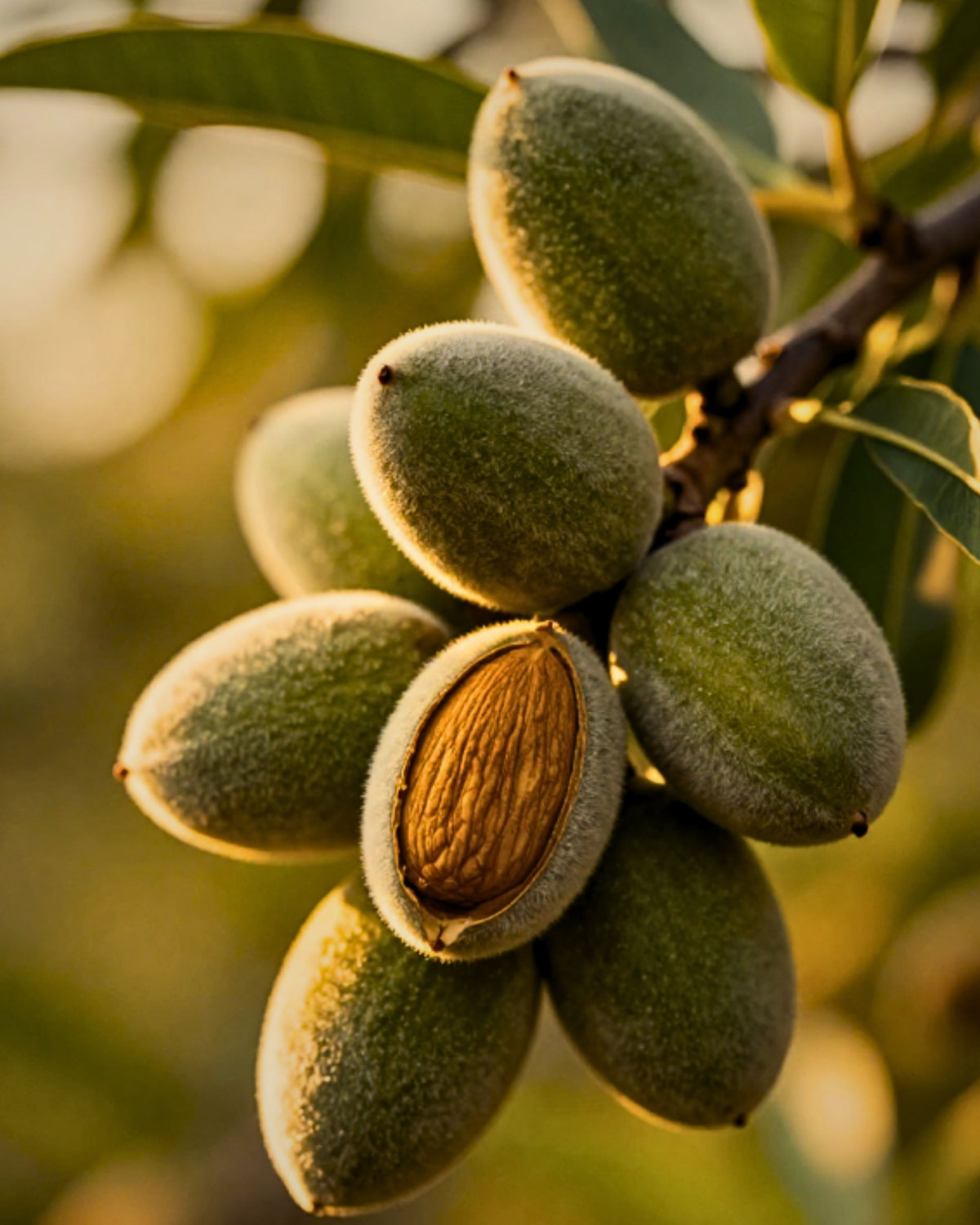 A close-up of green almond fruits on a branch, with one fruit split open to show the brown almond inside, set against a soft-focus green and gold background. bystarshine