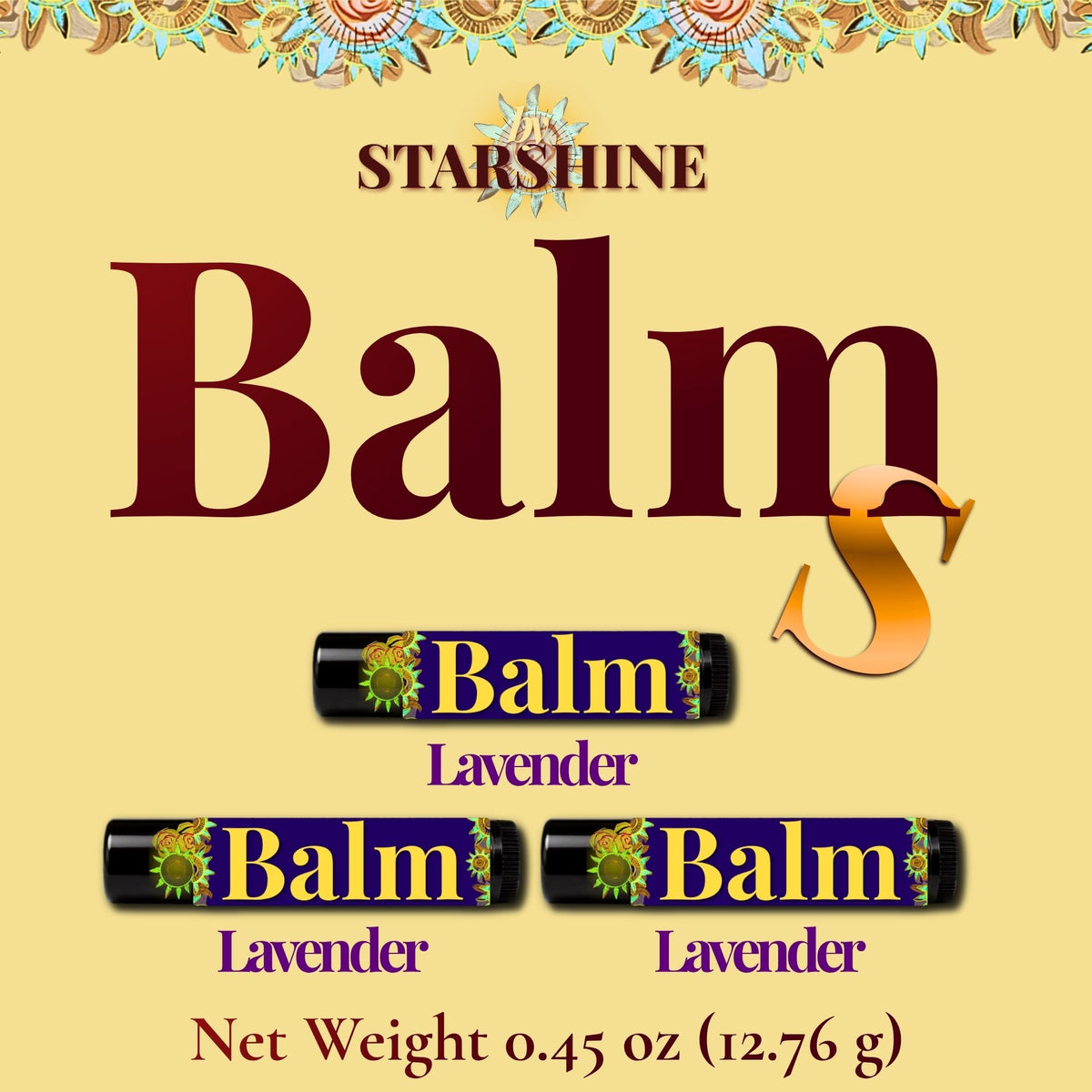 ByStarshine Balm lavender product graphic on a pale yellow background, showing two lip balm tubes and text reading 'bySTARSHINE Balm Lavender' and 'Net Weight 0.45 oz (12.76 g)'.