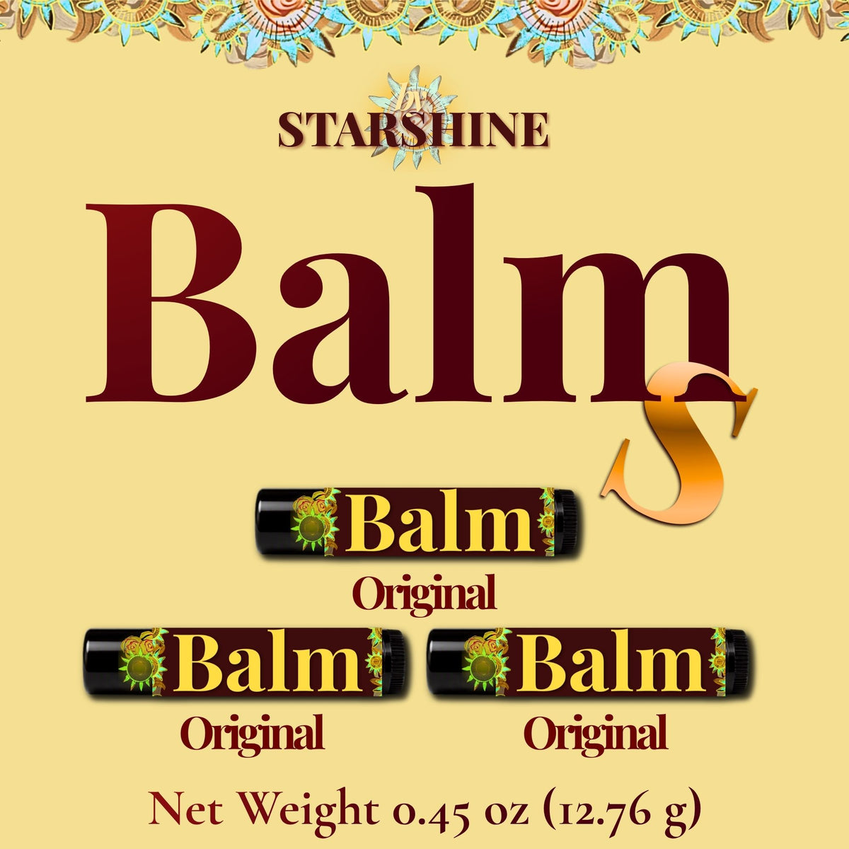 ByStarshine Balm Original packaging graphic on a warm beige background, showing the brand name byStarshine, large 'Balm' text, and three views of the black cylindrical balm tube with gold and green label details.