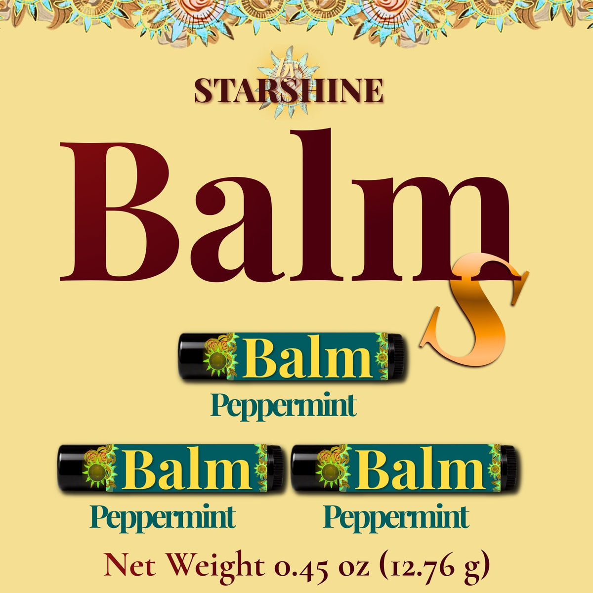 ByStarshine Balm Peppermint packaging graphic on a pale yellow background, showing the brand name by Starshine, large 'Balm' text, a gold 'S' accent, and two small balm bars with green labels and sunflower graphics.