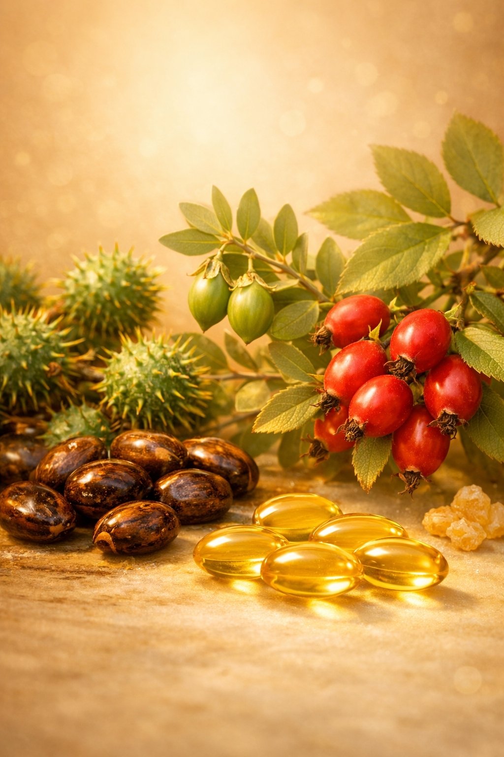 Supplement ingredients including seeds, berries, and capsules on a wooden surface with a blurred background.