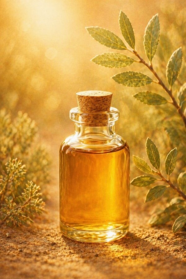 a bottle of vitamin e oil surrounded by a botanical scene