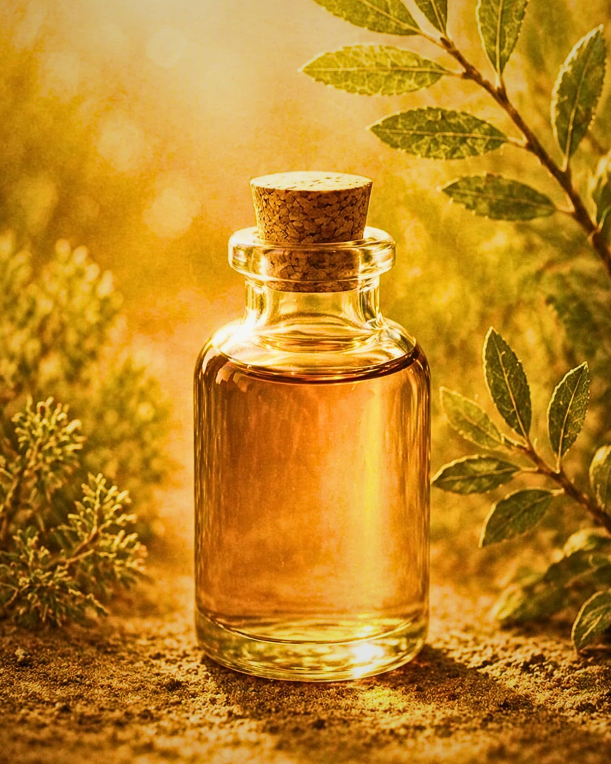 A small clear glass bottle with a cork stopper filled with golden amber tocopheryl (vitamin e) liquid, set on a sandy surface with warm sunlight, leaves, and soft bokeh background. bystarshine